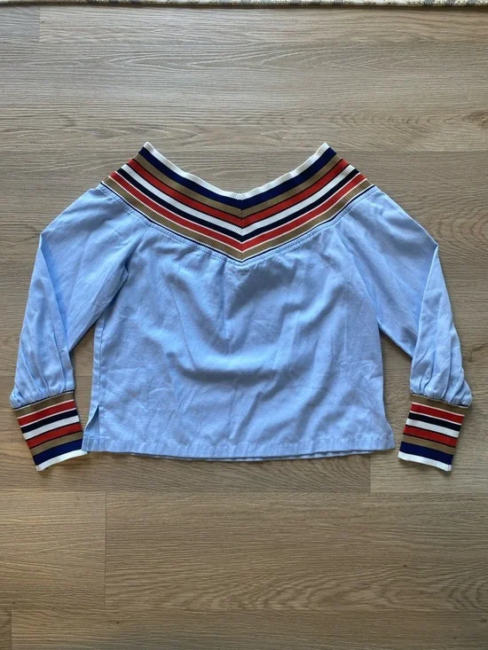 English Factory Blue Off Shoulder Stripe Trim Top Small Preppy Coastal Chic - Picture 2 of 10